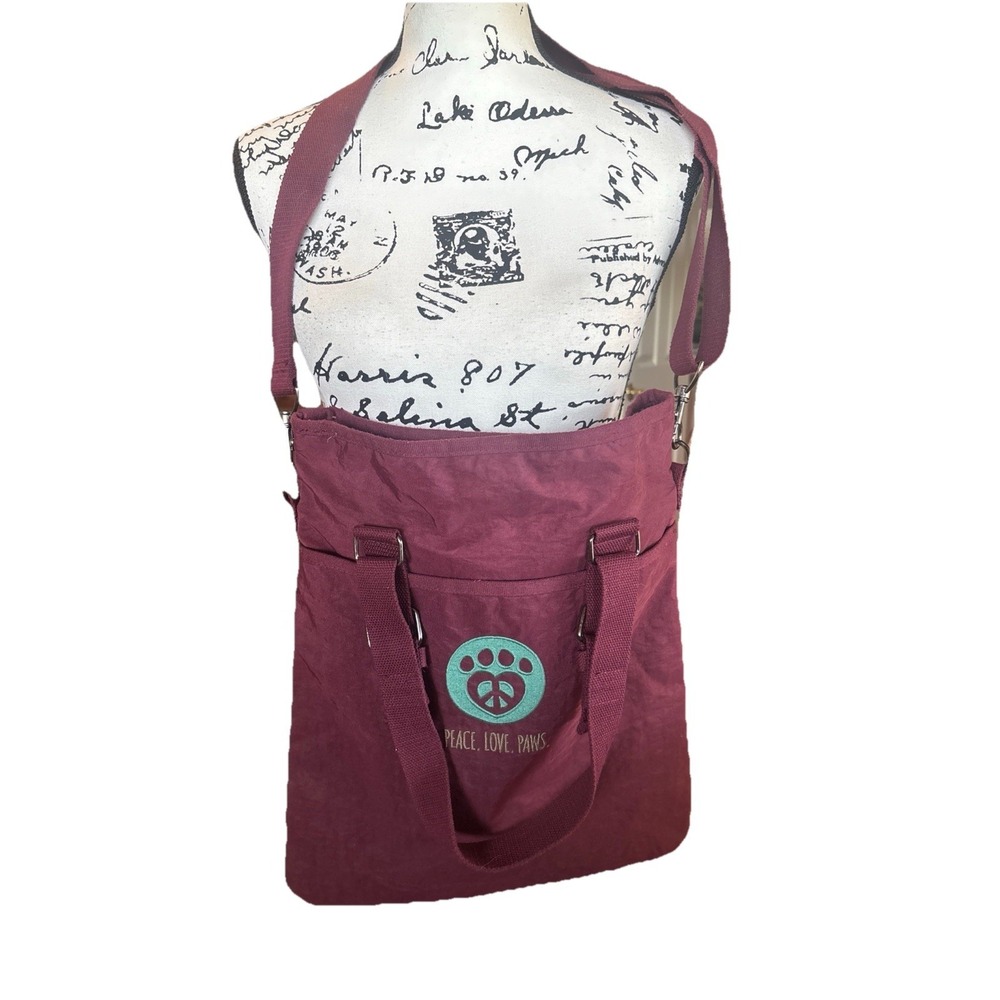 Peace, Love, & Paws Burgundy Nylon Crossbody Tote Purse By District